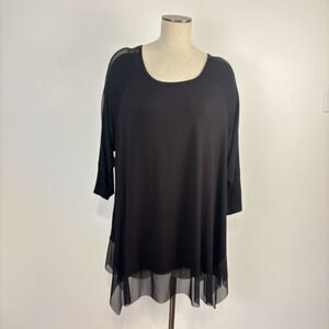 Cha Cha Vente Womens 2X Black Top Assymetric Hemline w/ Sheer panels Tunic